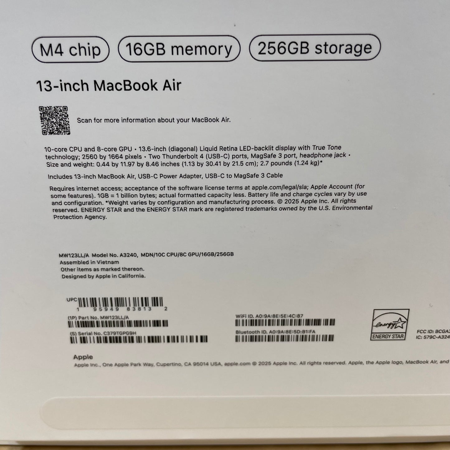 2025 Apple MacBook Air 13.6" M4 8 Core 4.5GHz 16GB RAM 256GB SSD MW123LL/A