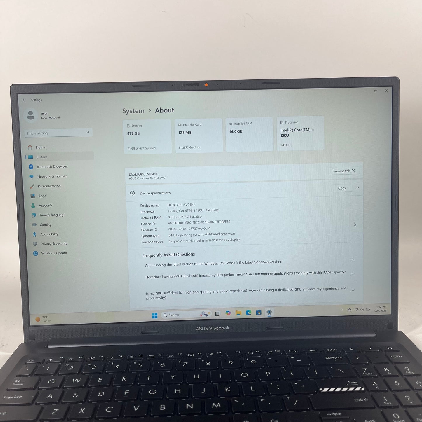 Asus Vivobook 16 X1605VAP 16" Core 5 120U 1.4GHz 16GB RAM 512GB SSD