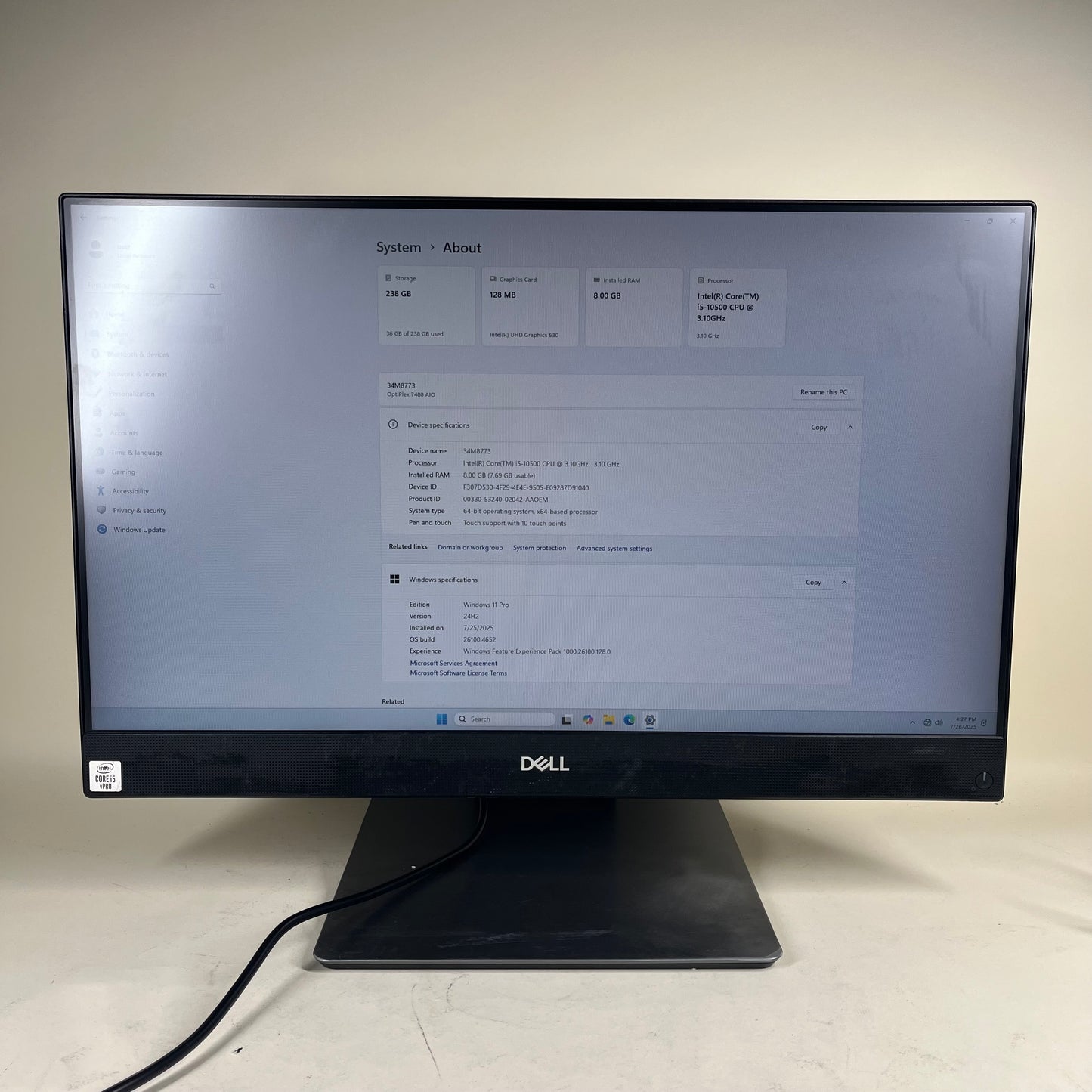 Dell Optiplex 7480 AIO W26C 23.8" I5-10500 3.10GHz 8GB RAM 256GB SSD
