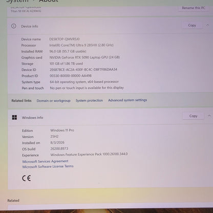 MSI Titan 18 HX AI 18" Ultra 9 285HX 2.8GHz 96GB RAM 2TB SSD GeForce RTX 5090