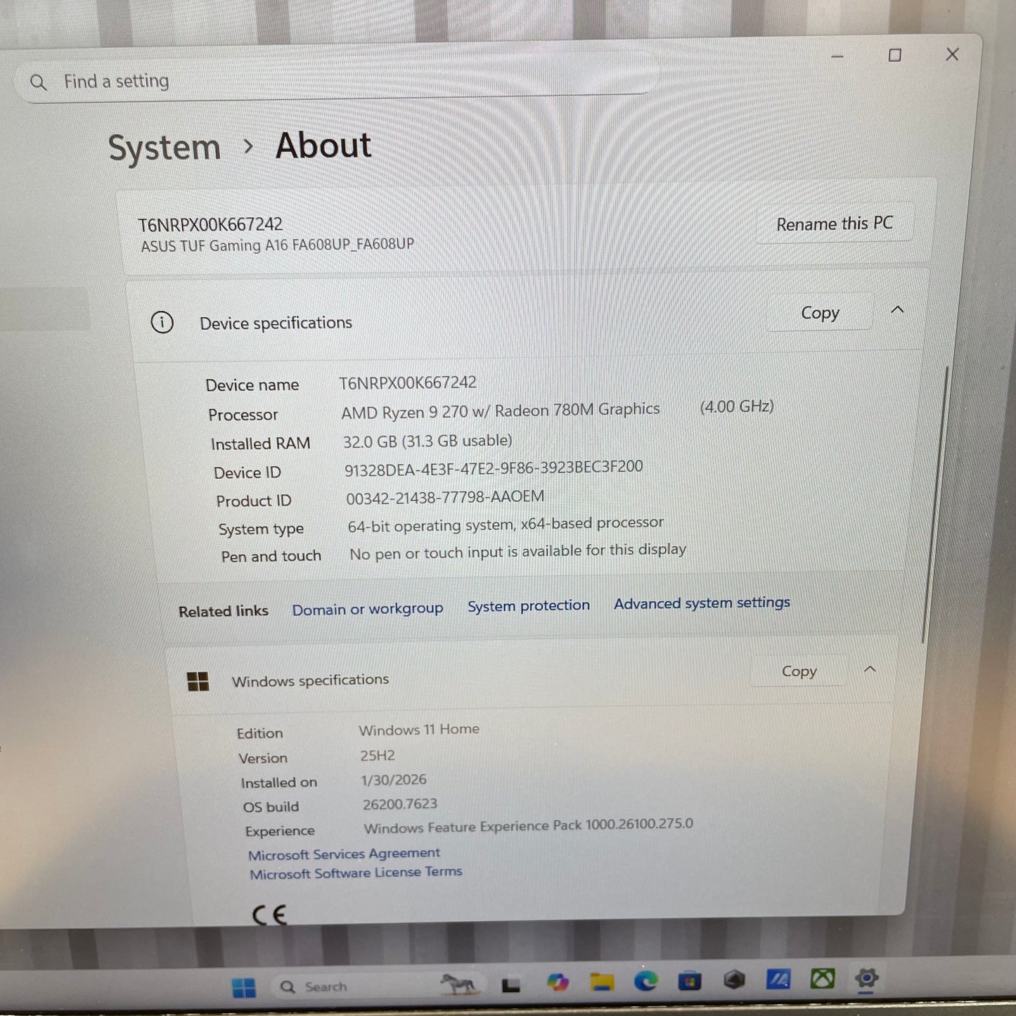 Asus TUF A16 FA608 16" Ryzen 9 270 4.0GHz 32GB RAM 1TB SSD GeForce RTX 5070