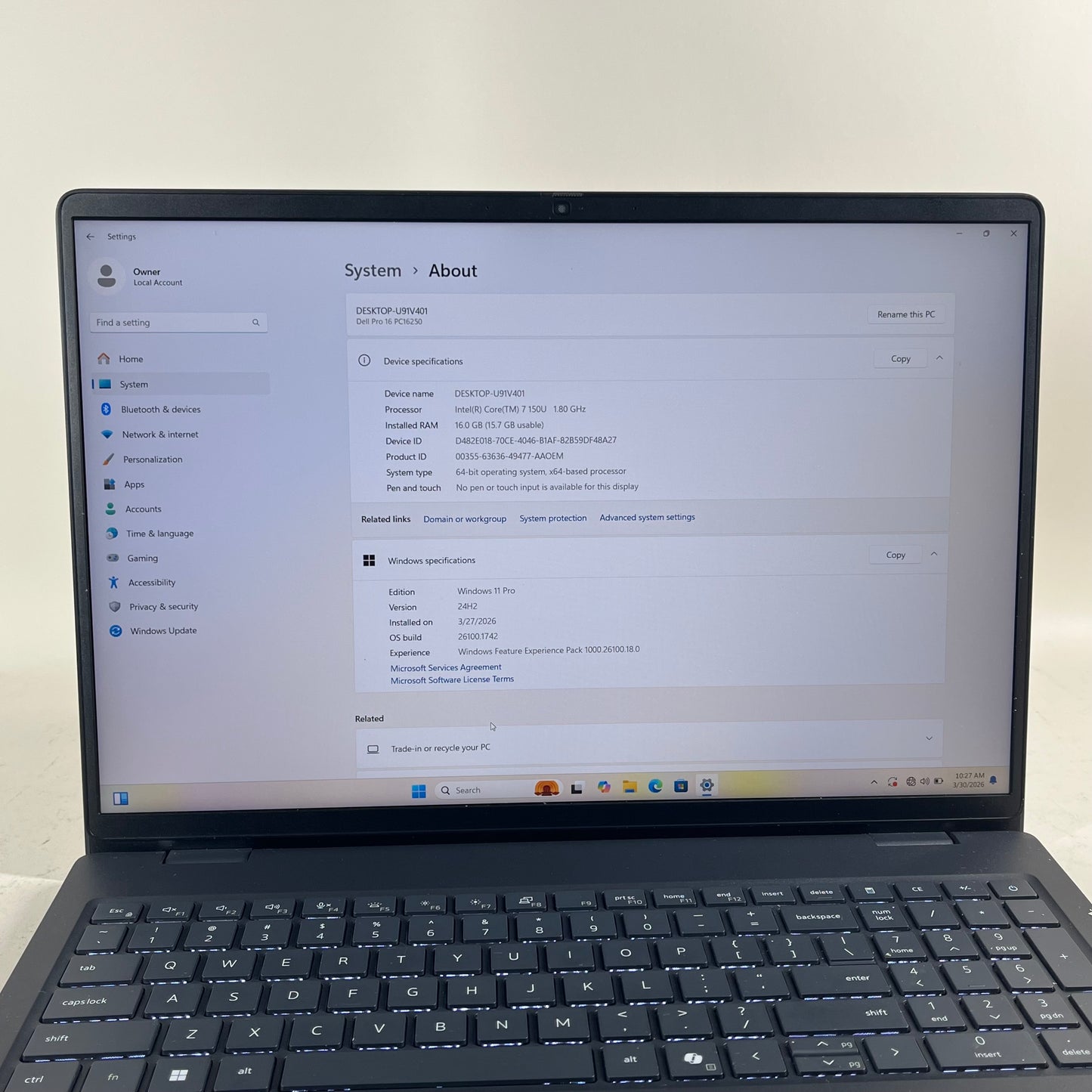 Dell Pro 16 PC16250 16" Core 7 150U 1.8GHz 16GB RAM 512GB SSD