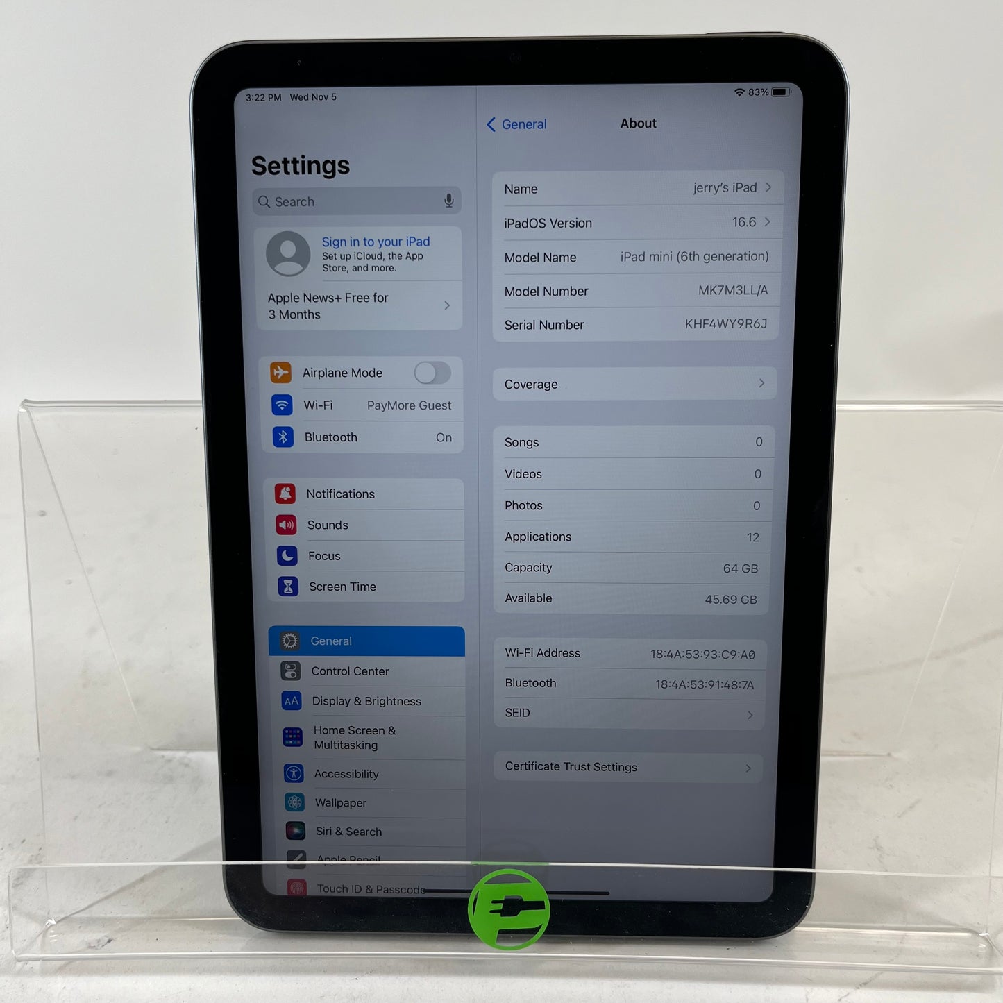 WiFi Only Apple iPad Mini 6th Gen 64GB 16.6 Space Gray MK7M3LL/A