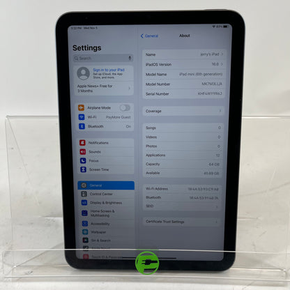 WiFi Only Apple iPad Mini 6th Gen 64GB 16.6 Space Gray MK7M3LL/A