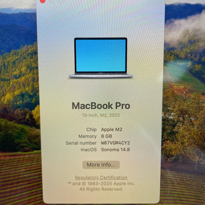 2022 Apple MacBook Pro 13.3" M2 10C GPU 3.5GHz 8GB RAM 512GB SSD A2338