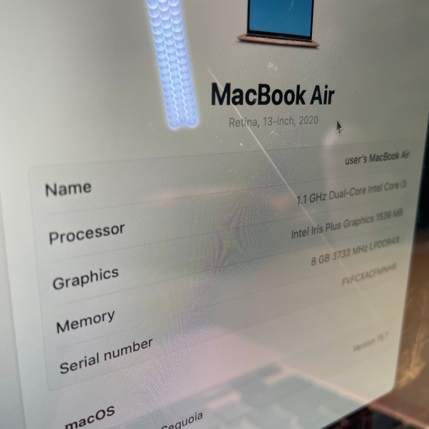 2020 Apple MacBook Air 13.3" i3 1.1GHz 8GB RAM 256GB SSD Rose Gold A2179 Read