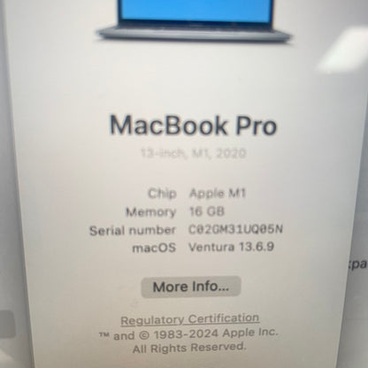 2020 Apple MacBook Pro 13.3" M1 8C GPU 3.2GHz 16GB RAM 1TB SSD A2338
