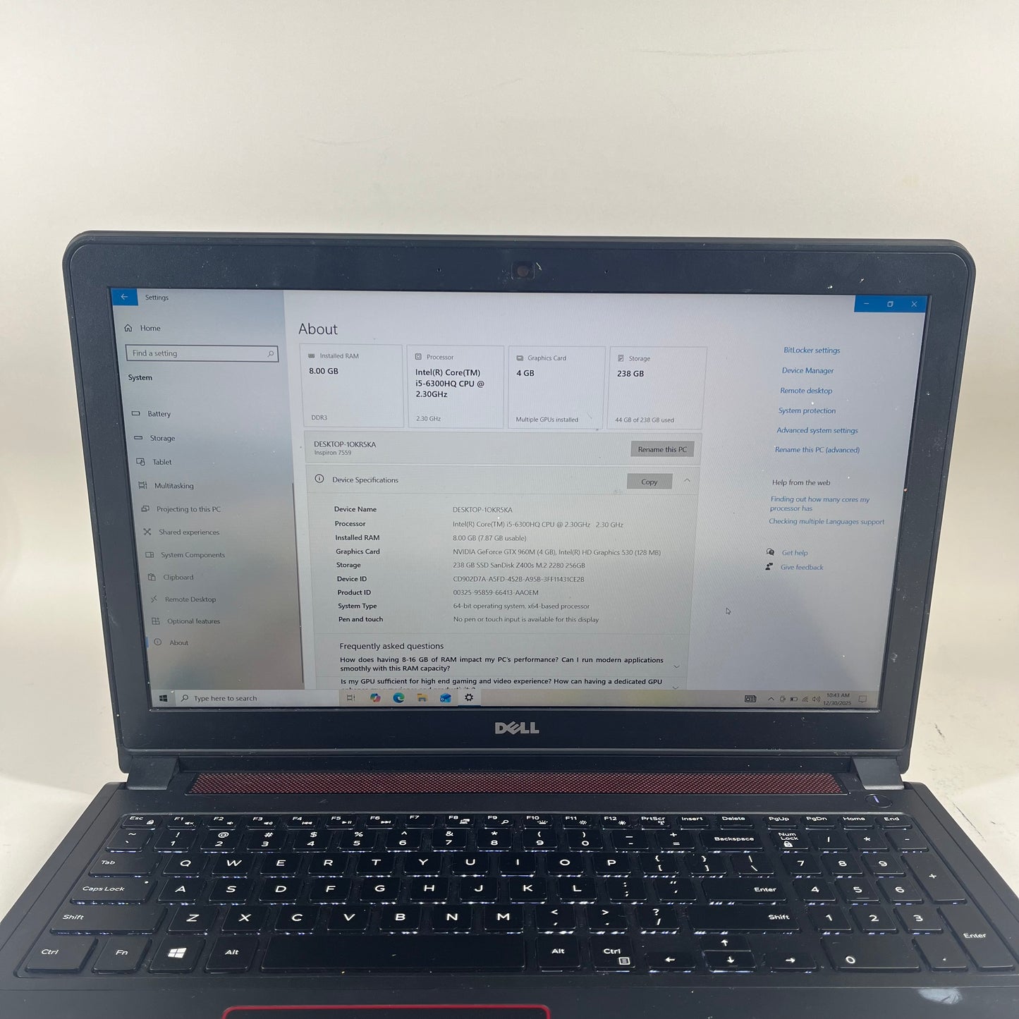 Dell Inspiron 7559 15.6" i5-6300HQ 2.3GHz 8GB RAM 256GB SSD GeForce GTX 960M
