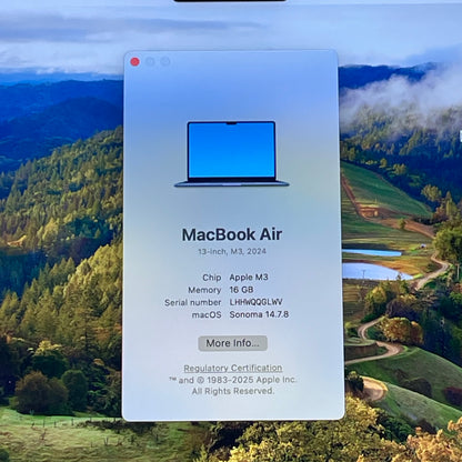2024 Apple MacBook Air 13.6" M3 10C GPU 4.0GHz 16GB RAM 256GB SSD A3113