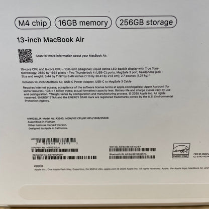 2025 Apple MacBook Air 13.6" M4 8 Core 4.5GHz 16GB RAM 256GB SSD MW123LL/A