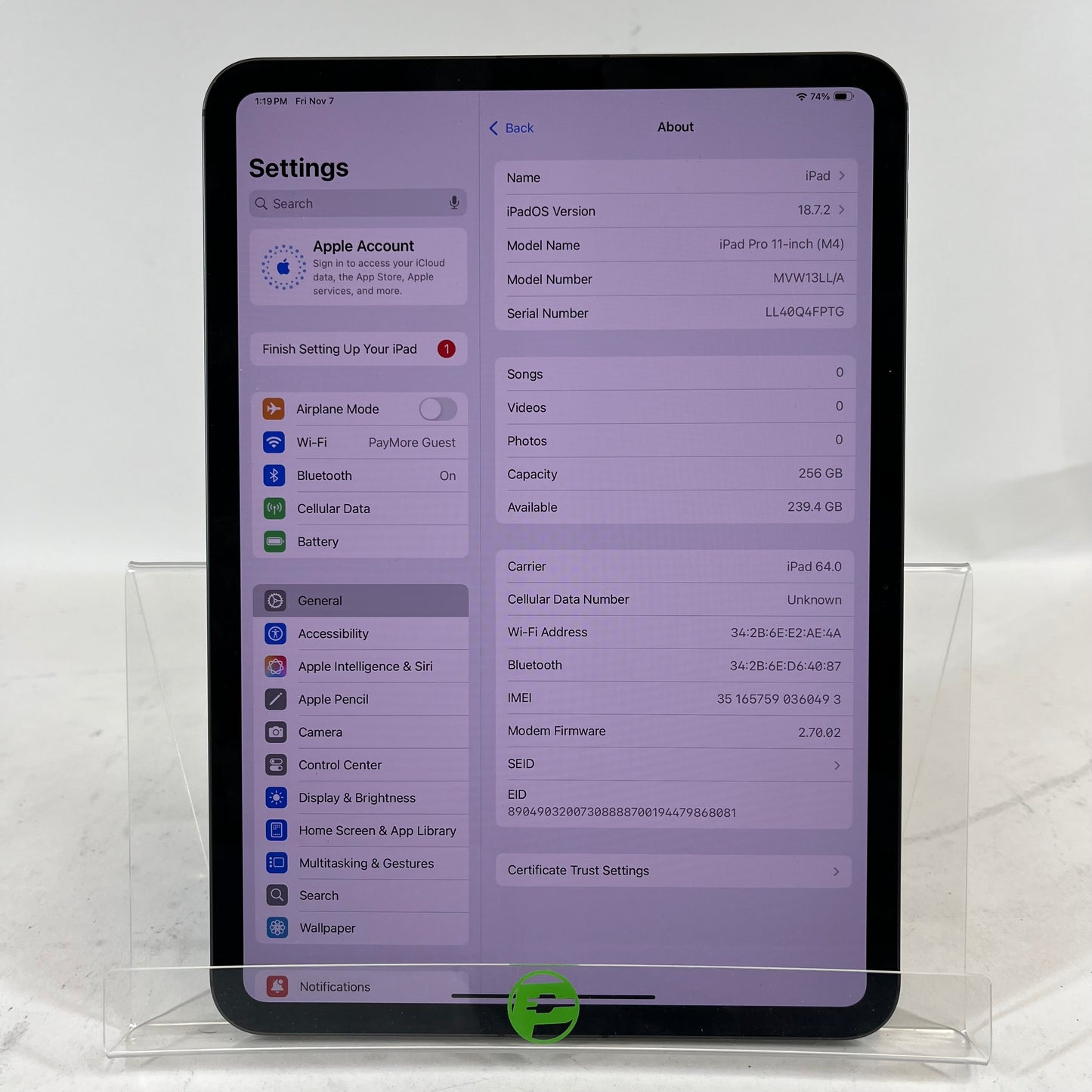 Unlocked Apple iPad Pro 11" M4 256GB Space Black MVW13LL/A