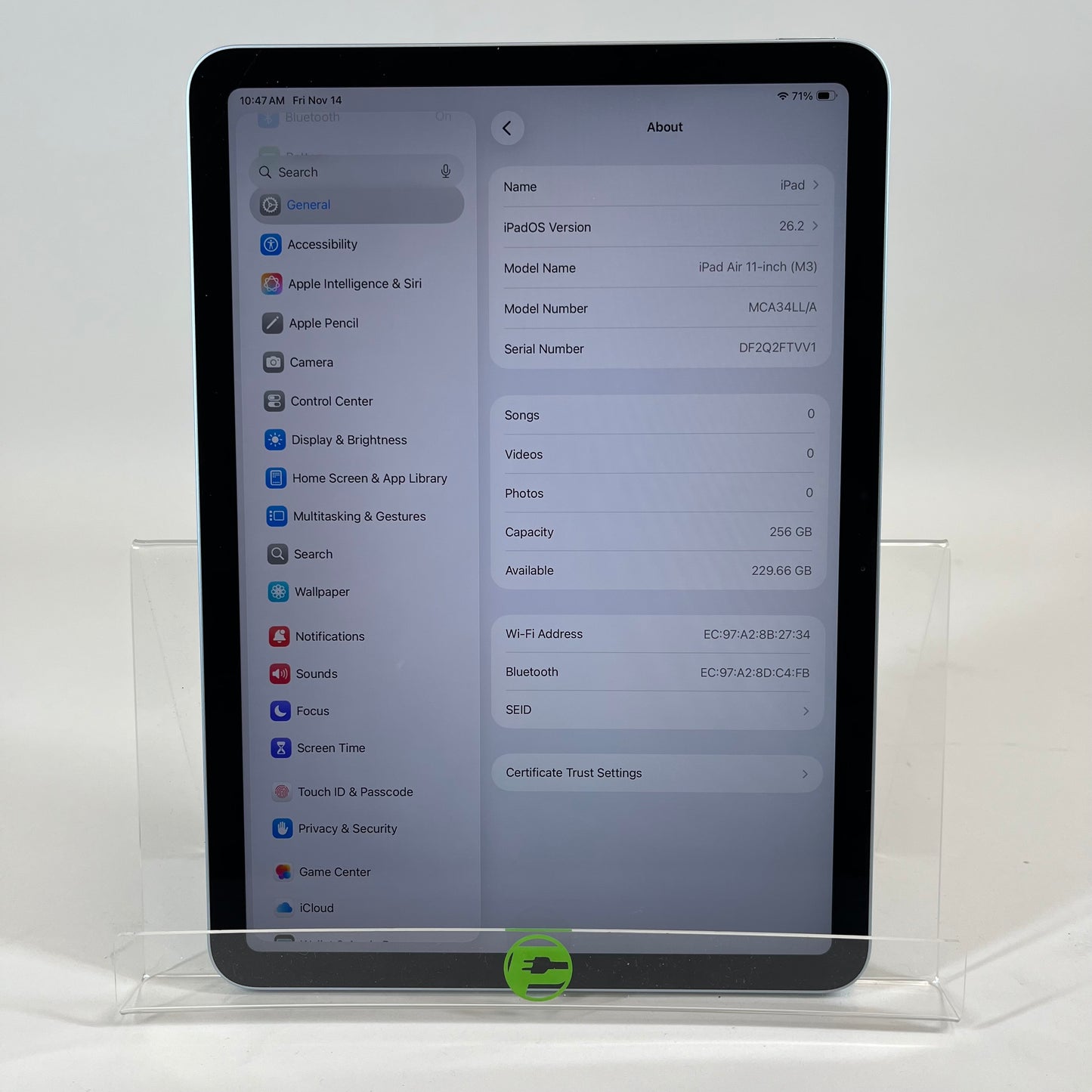 WiFi Only Apple iPad Air 11" M3 256GB 26.2 Space Gray MCA34LL/A