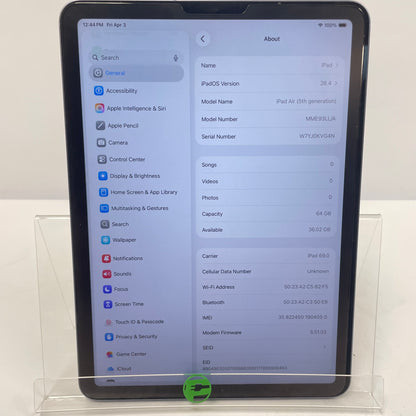 Unlocked Apple iPad Air 5th Gen 64GB Purple MME93LL/A