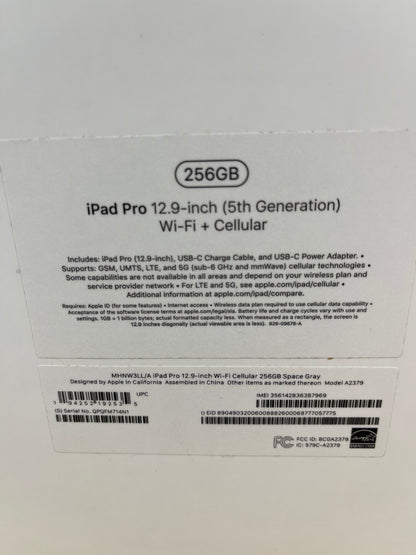 Factory Unlocked Apple iPad Pro 12.9" 5th Gen 256GB Space Gray MHNW3LL/A