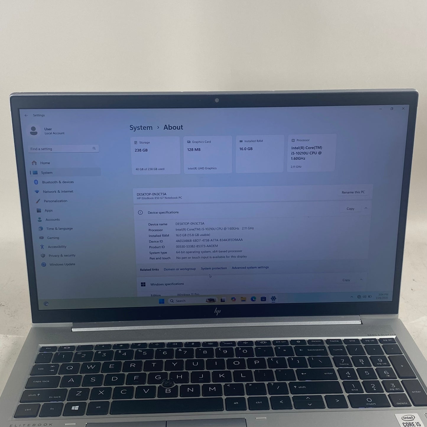 HP EliteBook 850 G7 15.6" I5-10210U 1.6GHz 16GB RAM 256GB SSD