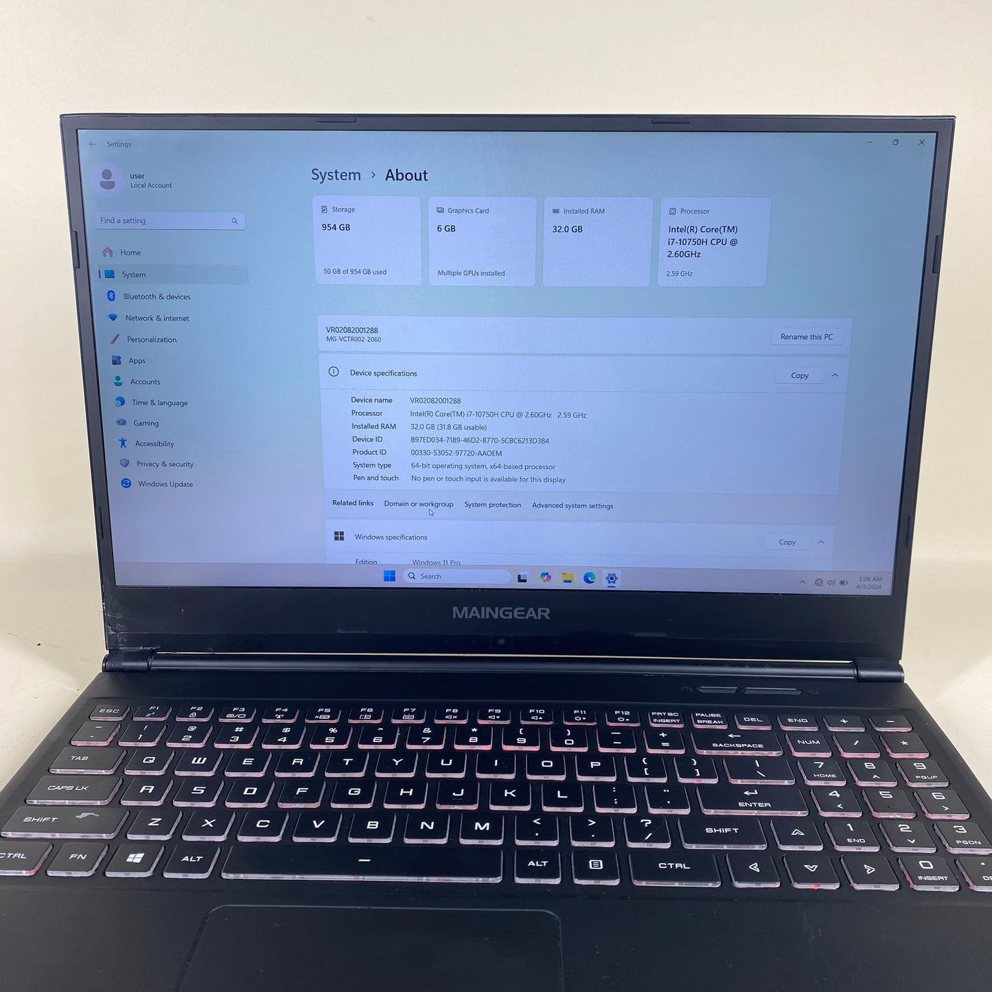 Vector Maingear MG--VCTR002-2060 15.6" i7-10750H 2.6GHz 32GB RAM 1TB SSD 