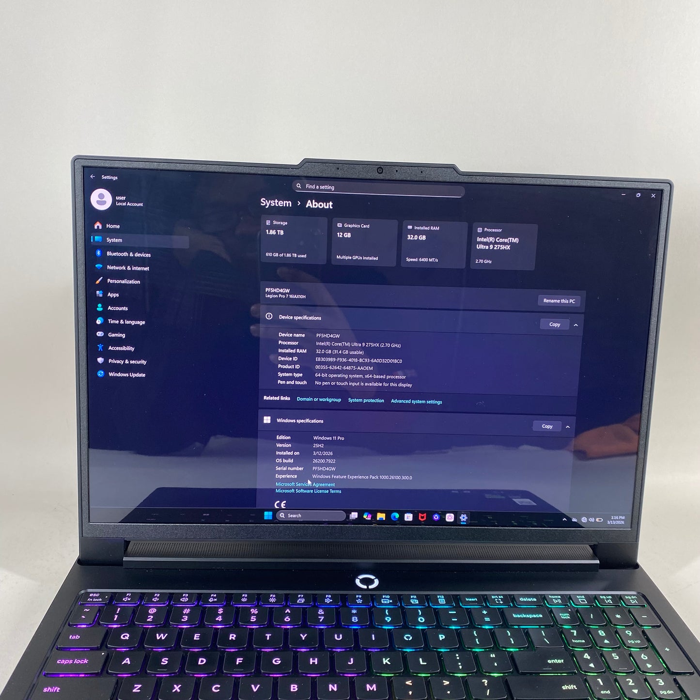 Lenovo Legion Pro 7 16IAX10H 16" Core Ultra 9 275HX 2.7GHz 32GB RAM 1TB SSD 1TB 