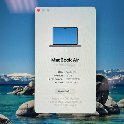 2025 Apple MacBook Air 13.6" M4 8 Core 4.5GHz 16GB RAM 256GB SSD MW123LL/A