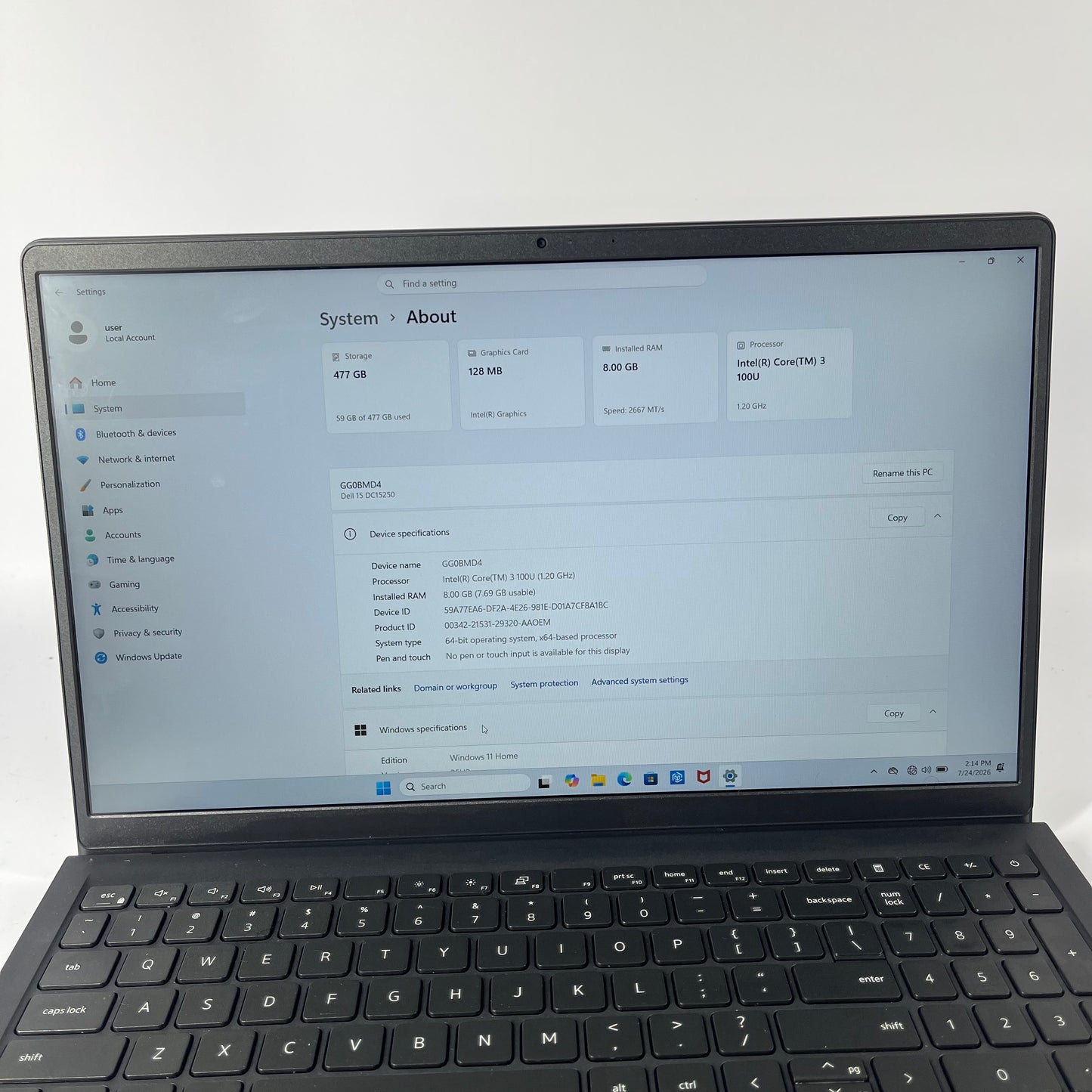 Dell 15 DC15250 15.6" Core 3 100U 1.2GHz 8GB RAM 500GB SSD