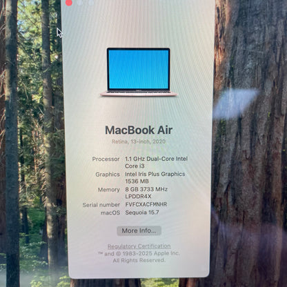 2020 Apple MacBook Air 13.3" i3 1.1GHz 8GB RAM 256GB SSD Rose Gold A2179 Read