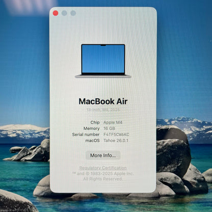 2025 Apple MacBook Air 13.6" M4 8C GPU 4.5GHz 16GB RAM 256GB SSD A3240