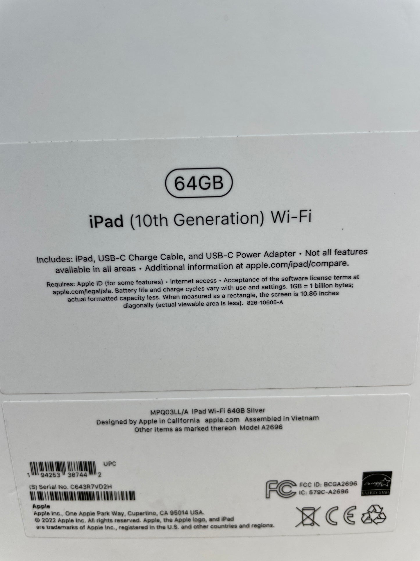 New WiFi Only Apple iPad 10th Gen 64GB Silver MPQ03LL/A